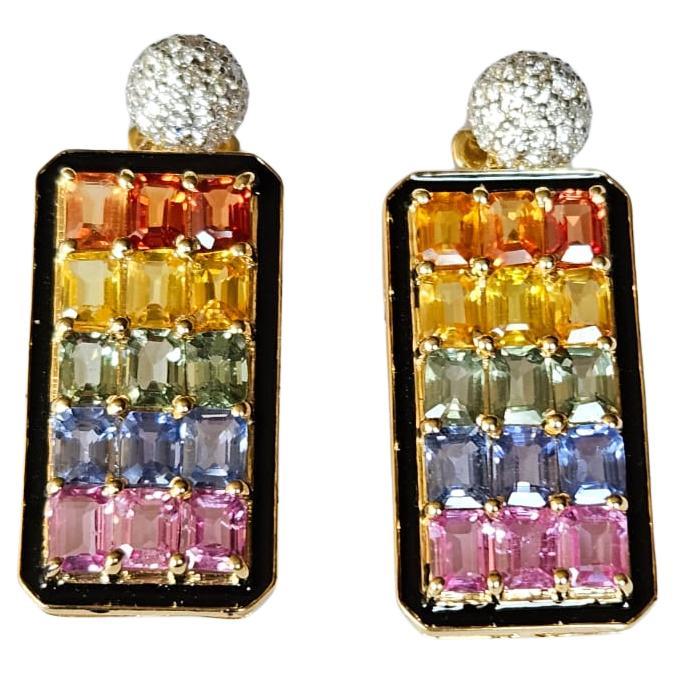 Set in 18K Gold, Ceylon Multi Sapphires, Black Enamel & Diamonds Dangle Earrings For Sale