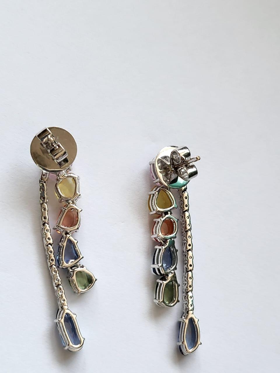 Contemporary Set in 18K Gold, Ceylon Multi Sapphires & Diamonds Chandelier/ Dangle Earrings