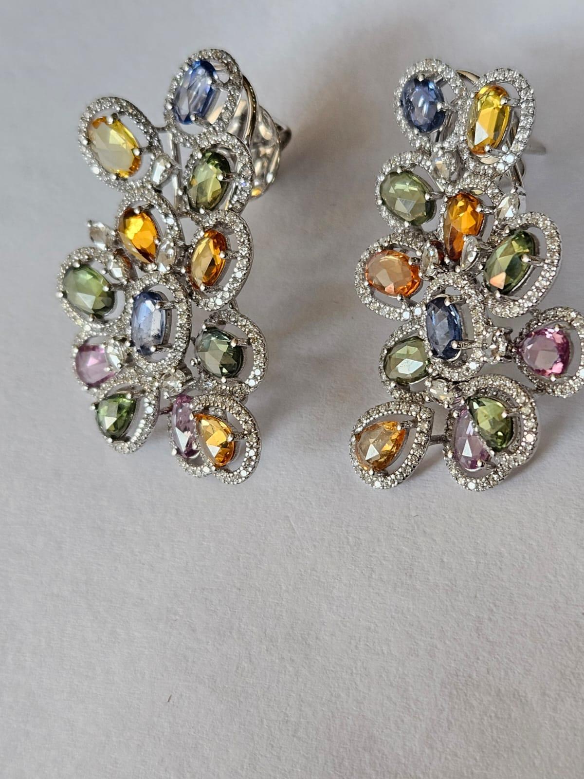 Modern Set in 18K Gold, Ceylon Multi Sapphires & Diamonds oversized Stud Earrings