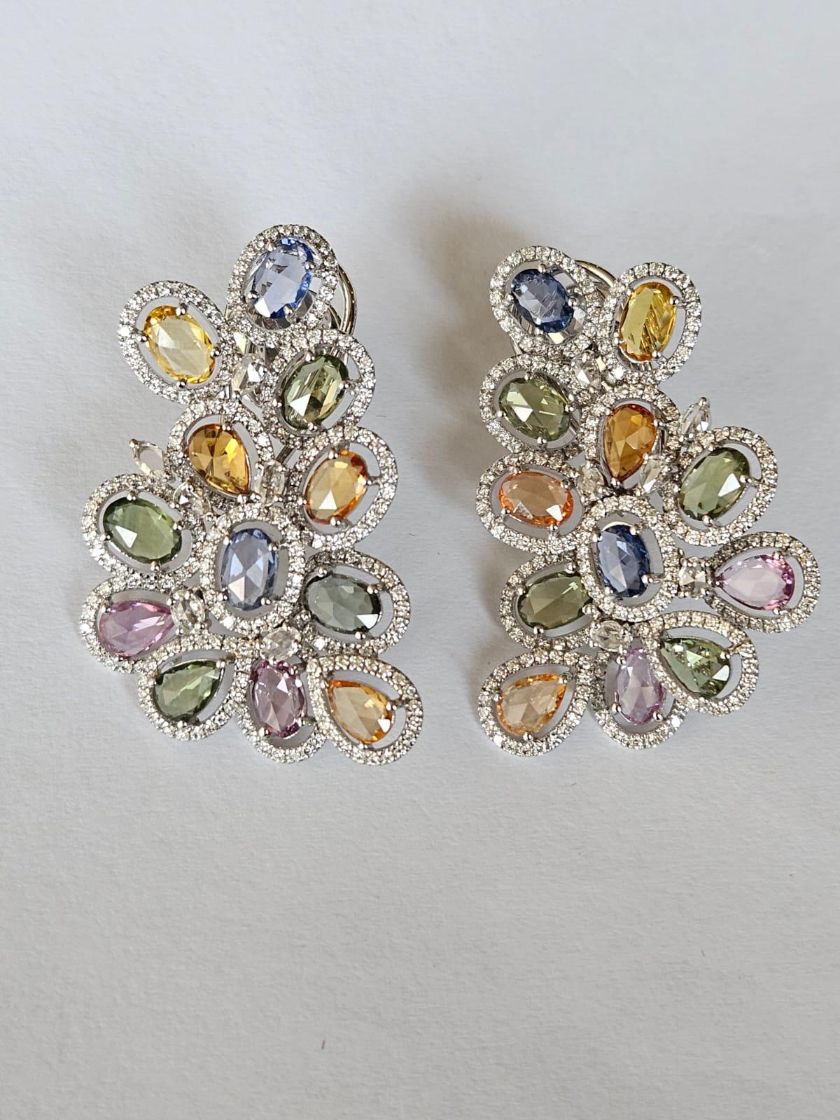 Rose Cut Set in 18K Gold, Ceylon Multi Sapphires & Diamonds oversized Stud Earrings