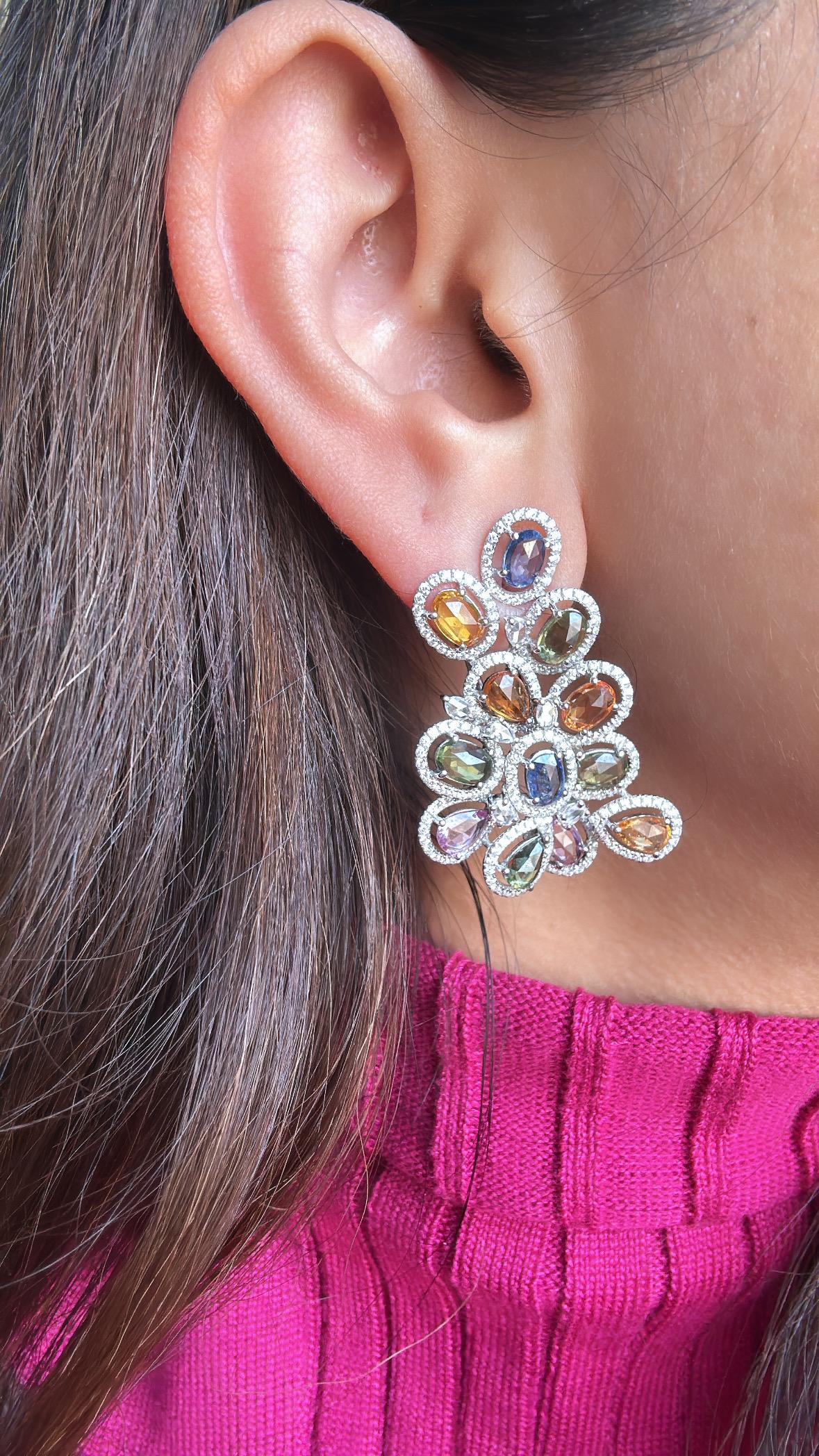 Women's or Men's Set in 18K Gold, Ceylon Multi Sapphires & Diamonds oversized Stud Earrings