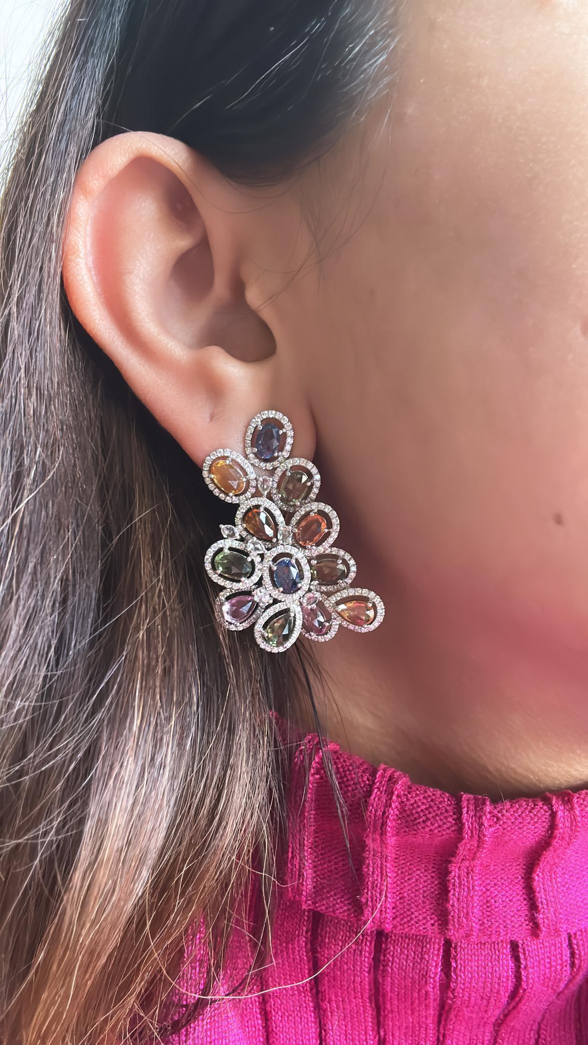 Set in 18K Gold, Ceylon Multi Sapphires & Diamonds oversized Stud Earrings 1