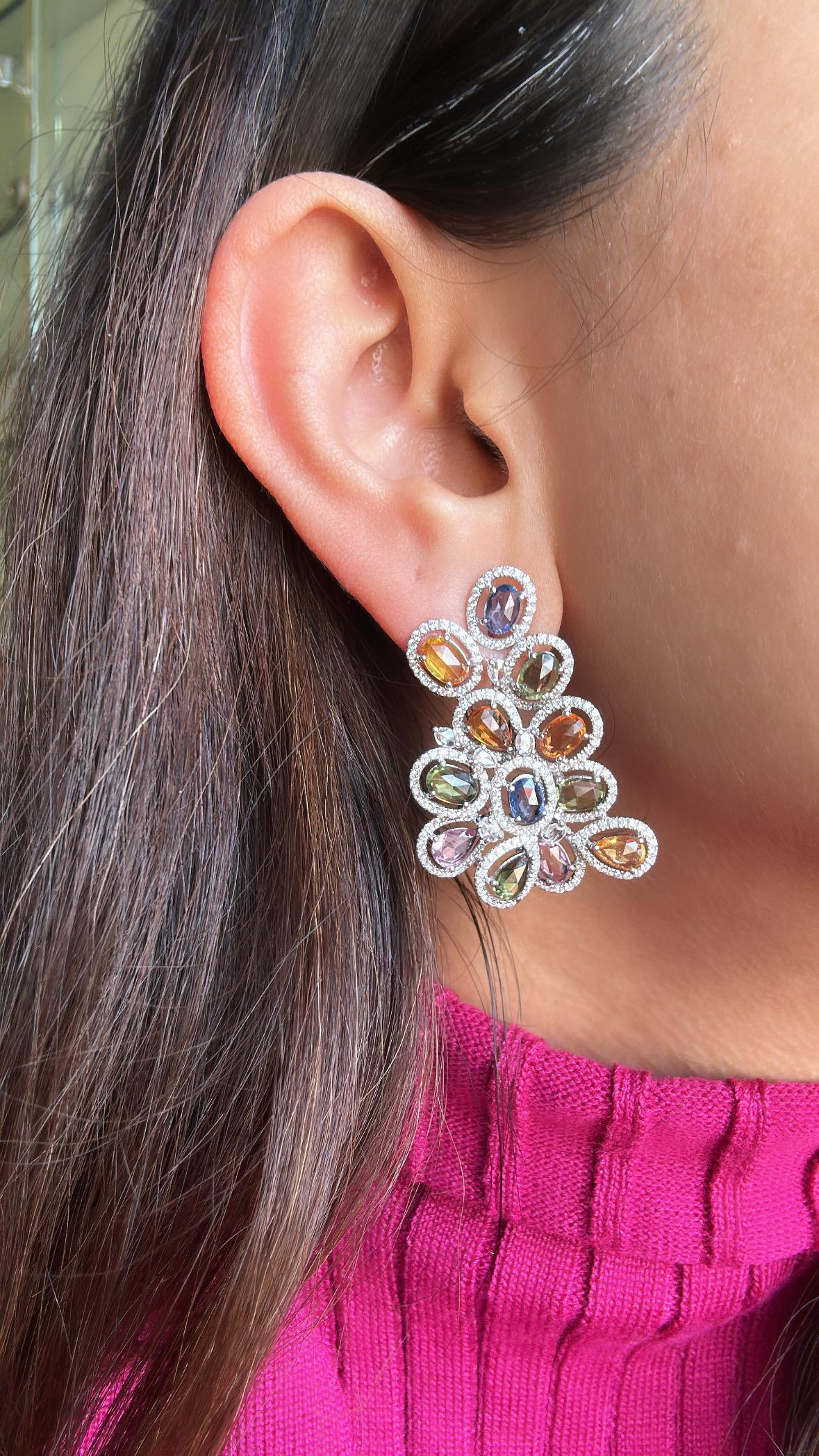 Set in 18K Gold, Ceylon Multi Sapphires & Diamonds oversized Stud Earrings 2
