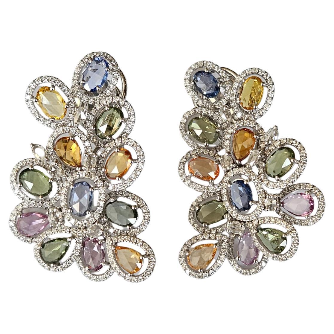 Set in 18K Gold, Ceylon Multi Sapphires & Diamonds oversized Stud Earrings