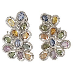 Set in 18K Gold, Ceylon Multi Sapphires & Diamonds oversized Stud Earrings