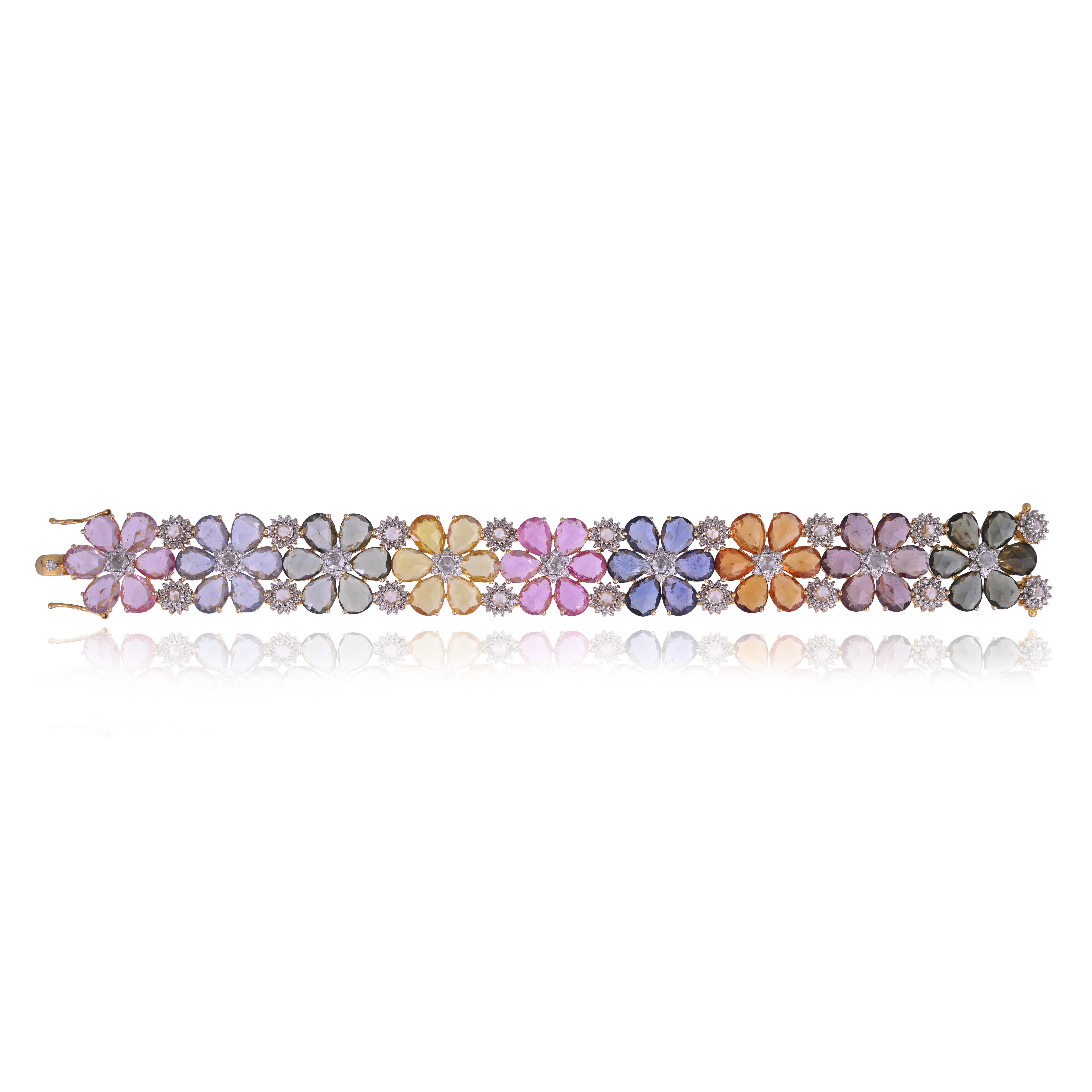 Bracelet moderne en or 18 carats, saphirs multiples de Ceylan et diamants taillés en rose en vente 5