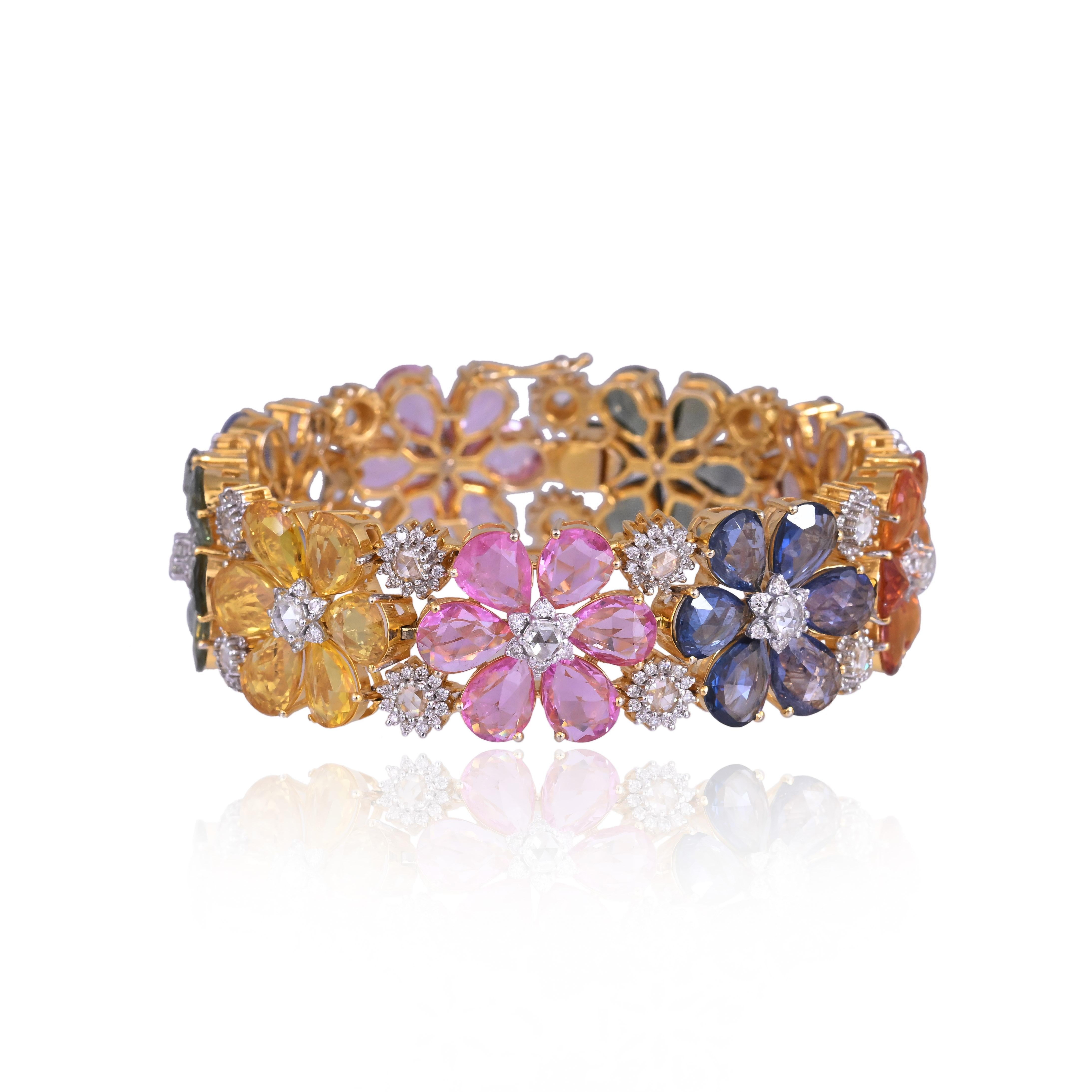 Bracelet moderne en or 18 carats, saphirs multiples de Ceylan et diamants taillés en rose en vente 6