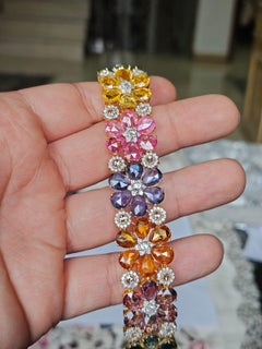 Set in 18K Gold, Ceylon Multi Sapphires & Rose Cut Diamonds Modern Bracelet