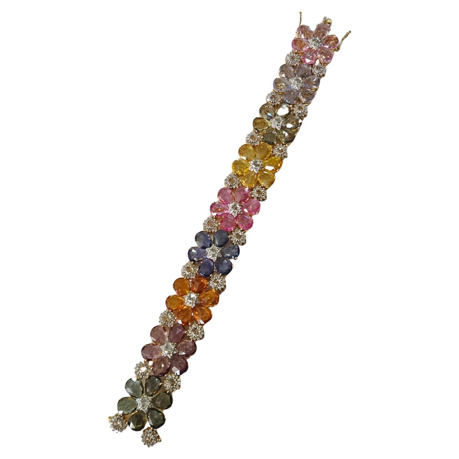 Modernes Armband aus 18 Karat Gold, Ceylon-Multisaphiren und Diamanten im Rosenschliff im Angebot