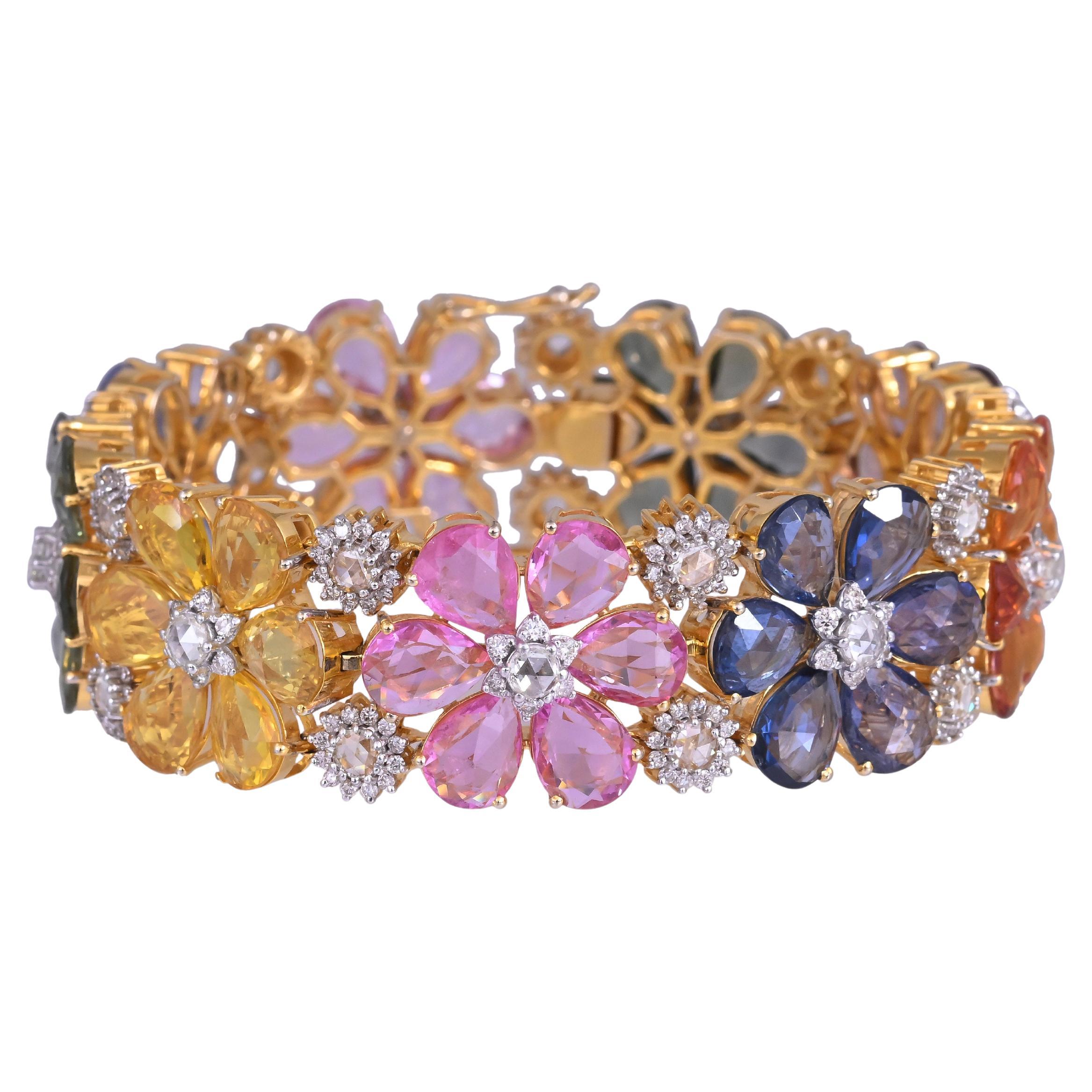Bracciale moderno in oro 18 carati, zaffiri multipli di Ceylon e diamanti taglio rosa
