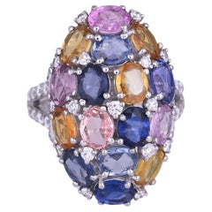 Set in 18K Gold, Ceylon Multi Sapphires, White Enamel & Diamonds Cocktail Ring