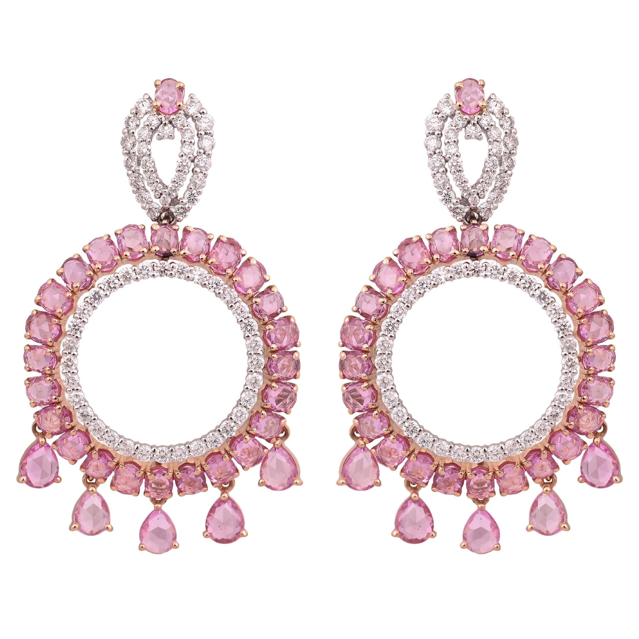Set in 18K Gold, Ceylon Pink Sapphire Rose Cuts & Diamonds Chandelier Earrings For Sale