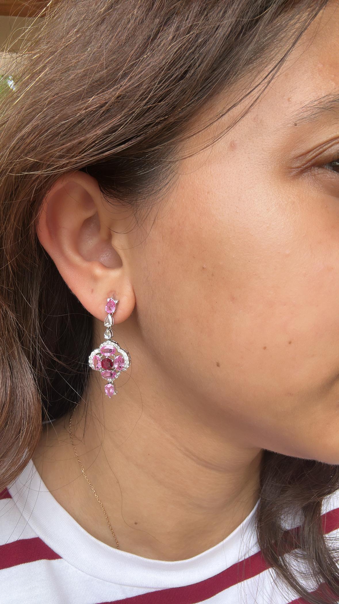 18K Gold, Ceylon Pink Sapphire, Rubine und Diamanten im Rosenschliff, Ohrringe mit Ohrring im Angebot 5