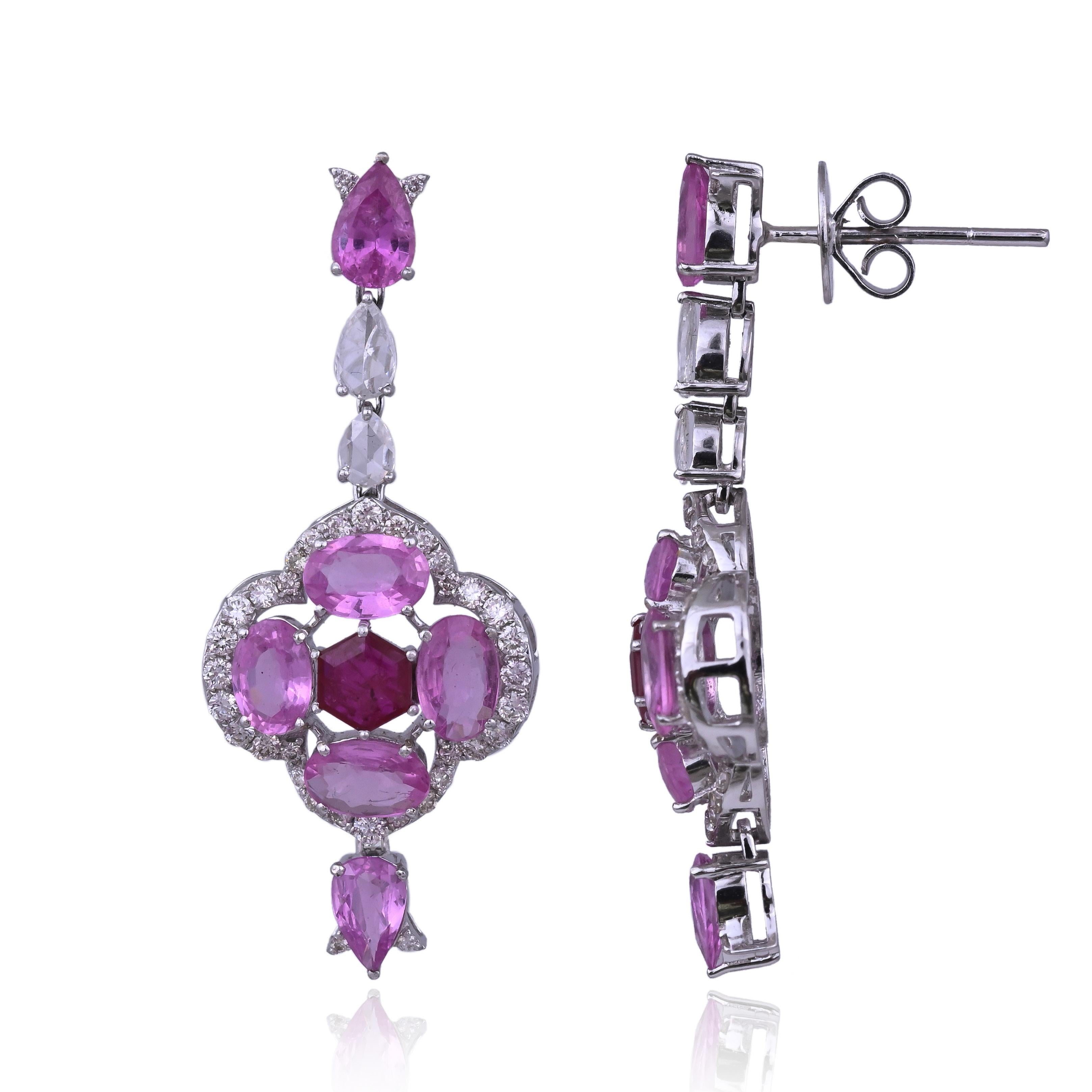 Boucles d'oreilles pendantes en or 18 carats, saphir rose de Ceylan, rubis et diamants taillés en rose en vente 5