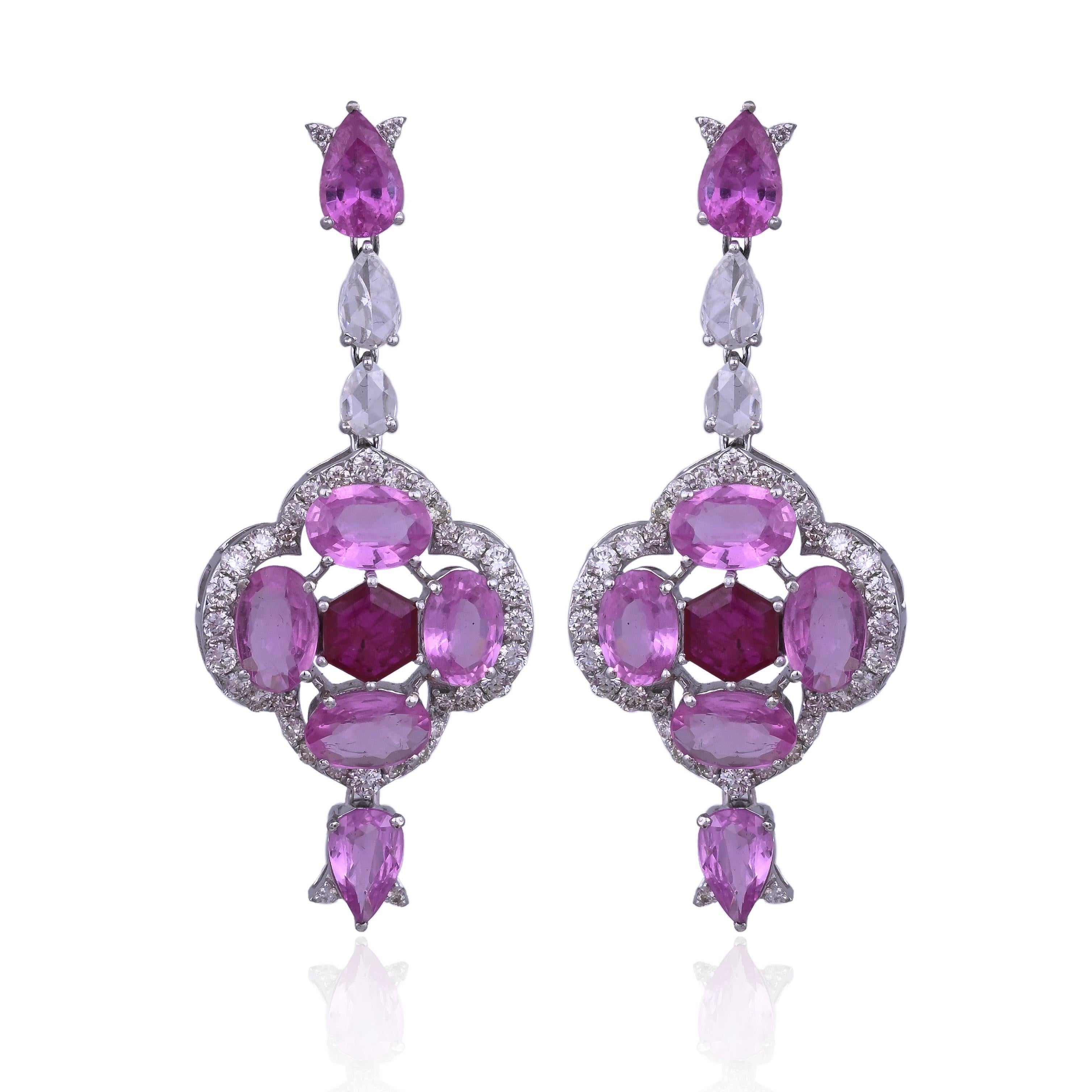 Boucles d'oreilles pendantes en or 18 carats, saphir rose de Ceylan, rubis et diamants taillés en rose en vente 6