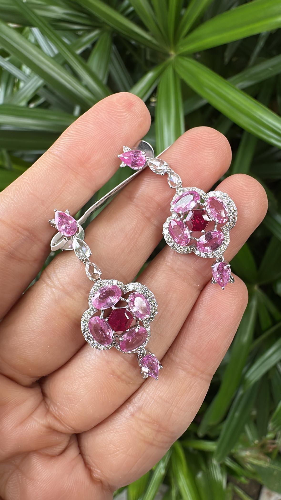 18K Gold, Ceylon Pink Sapphire, Rubine und Diamanten im Rosenschliff, Ohrringe mit Ohrring im Angebot 2