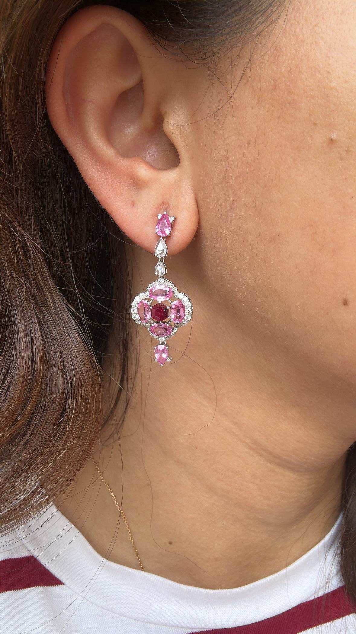 18K Gold, Ceylon Pink Sapphire, Rubine und Diamanten im Rosenschliff, Ohrringe mit Ohrring im Angebot 4