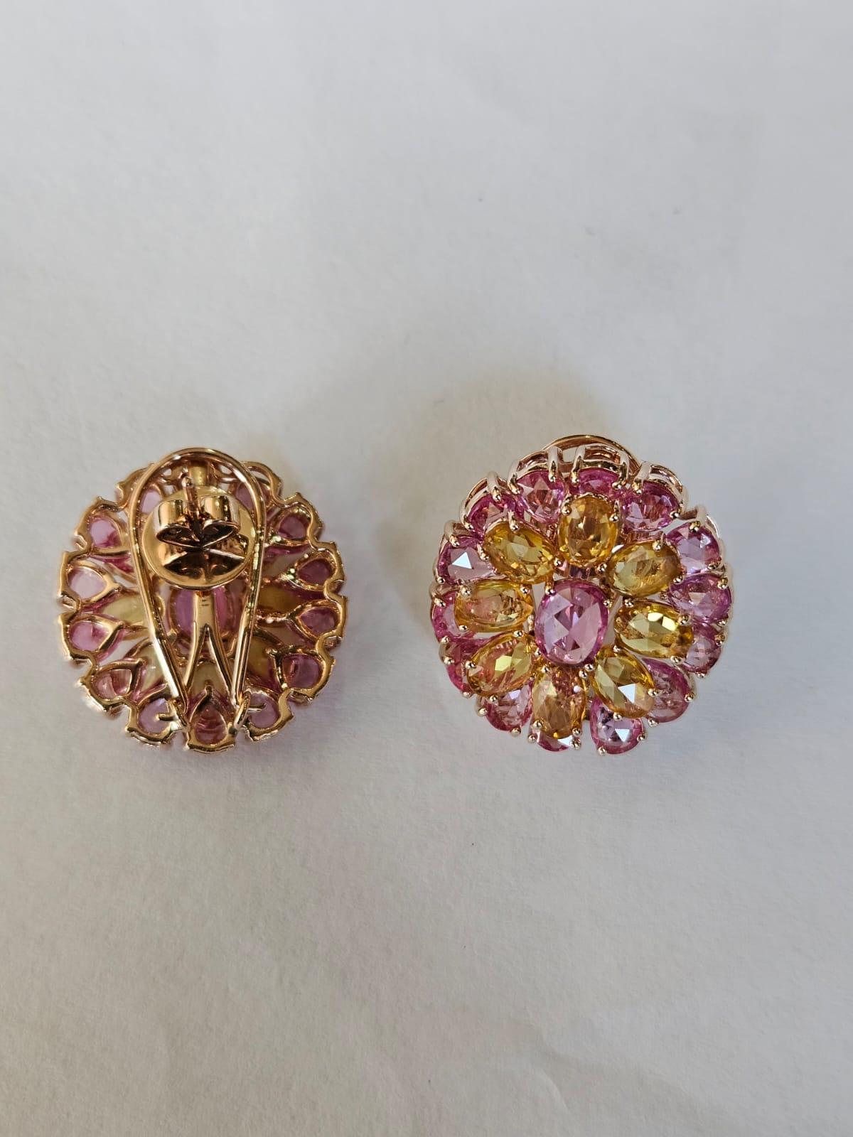 Modern Set in 18K Gold, Ceylon Pink Sapphires & Yellow Sapphires Rose Cut Stud Earrings For Sale