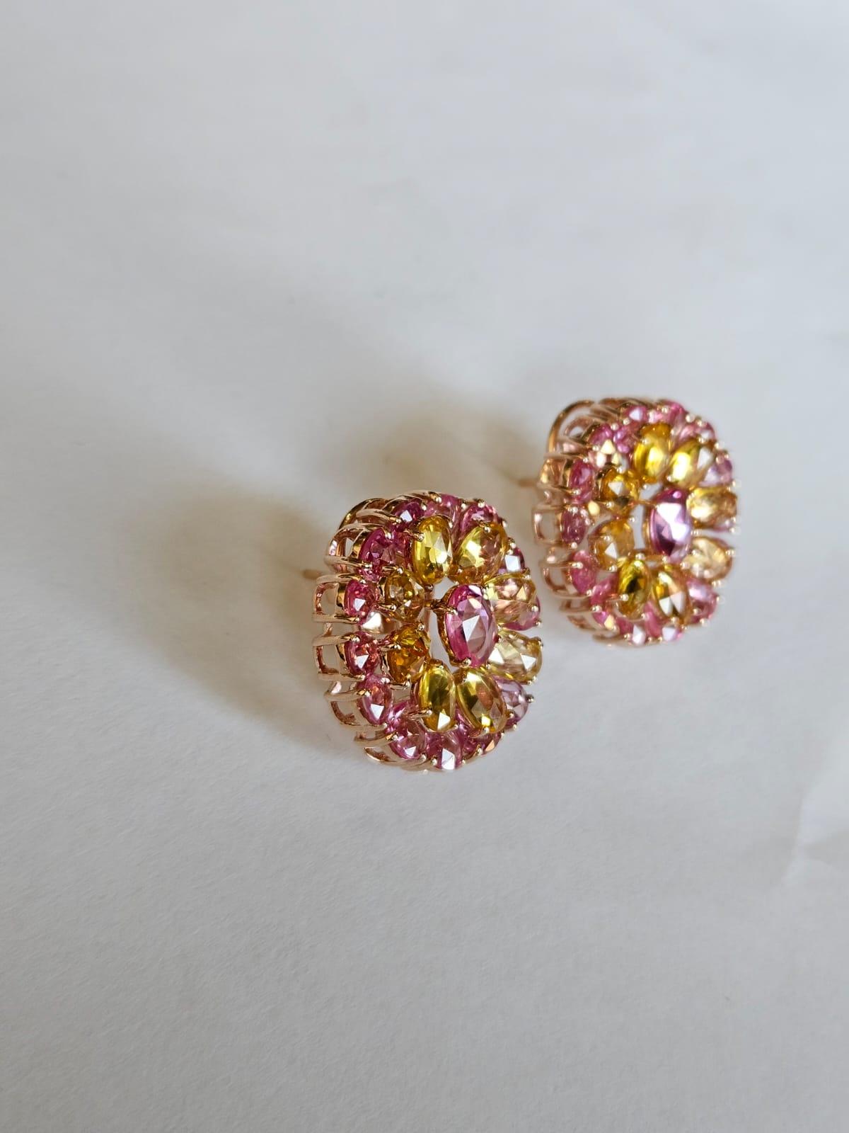 Set in 18K Gold, Ceylon Pink Sapphires & Yellow Sapphires Rose Cut Stud Earrings In New Condition For Sale In Hong Kong, HK