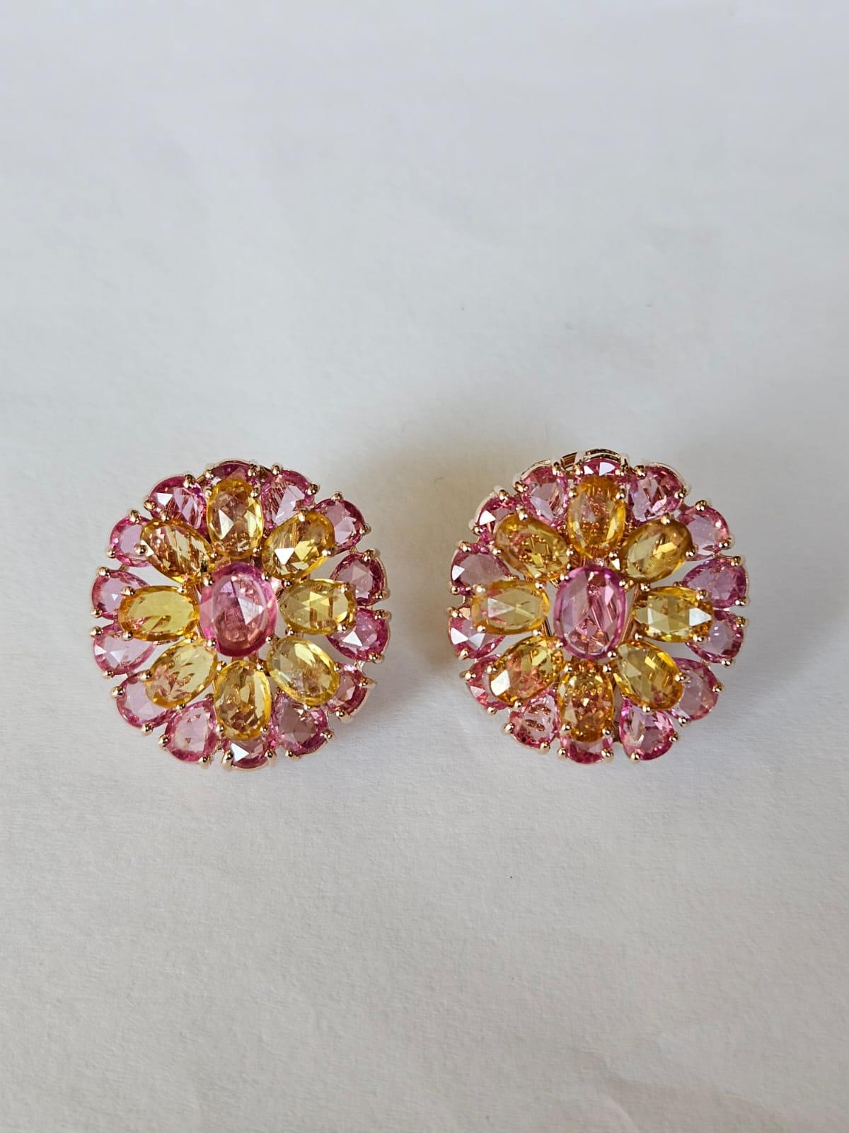 Women's or Men's Set in 18K Gold, Ceylon Pink Sapphires & Yellow Sapphires Rose Cut Stud Earrings For Sale