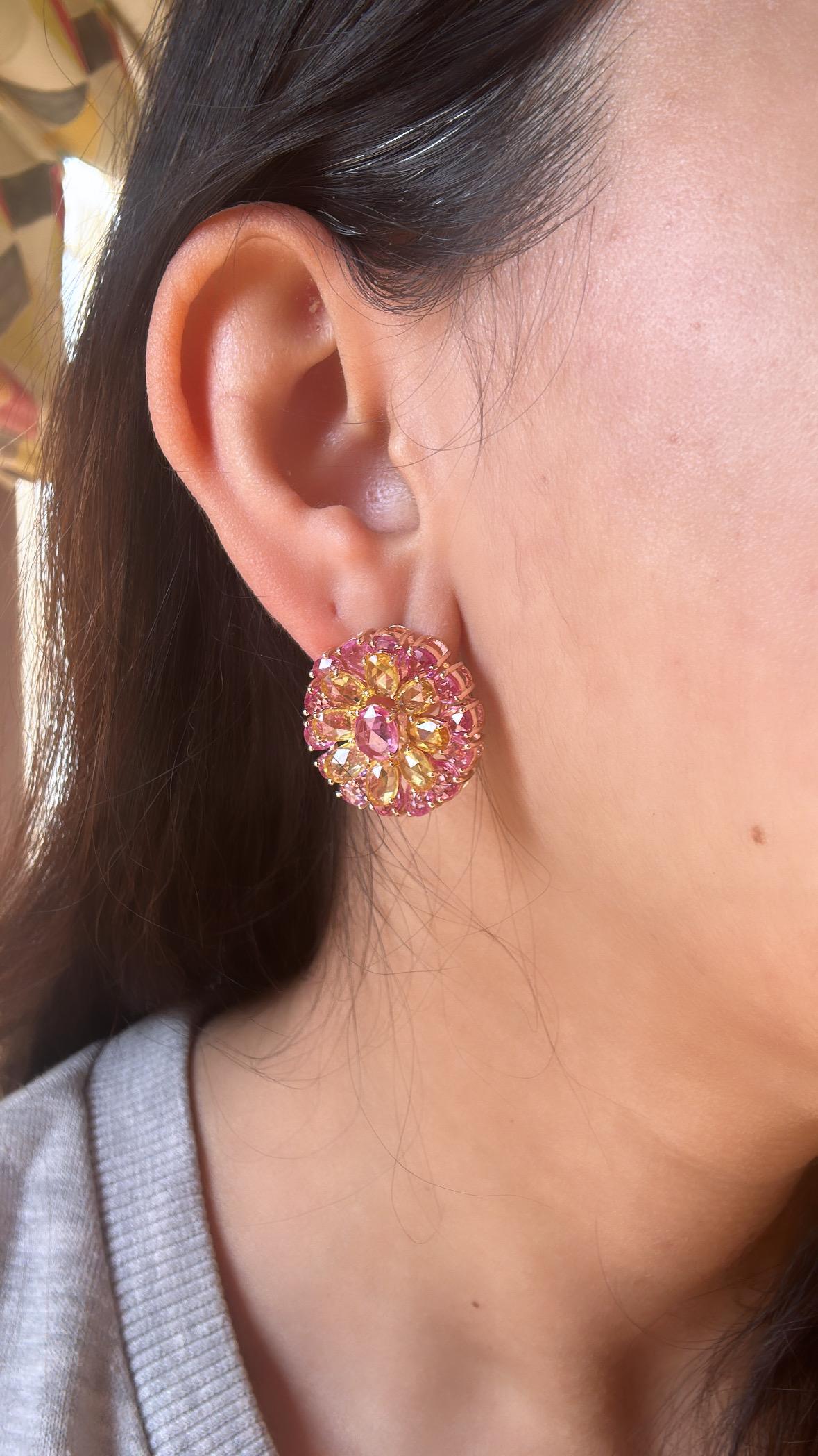 Set in 18K Gold, Ceylon Pink Sapphires & Yellow Sapphires Rose Cut Stud Earrings For Sale 2
