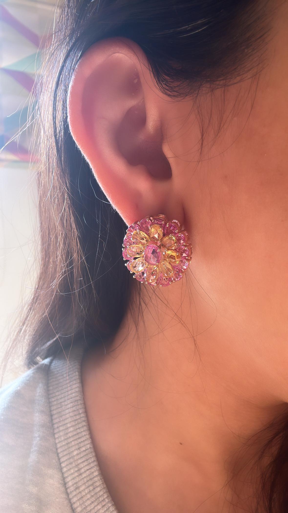 Set in 18K Gold, Ceylon Pink Sapphires & Yellow Sapphires Rose Cut Stud Earrings For Sale 3