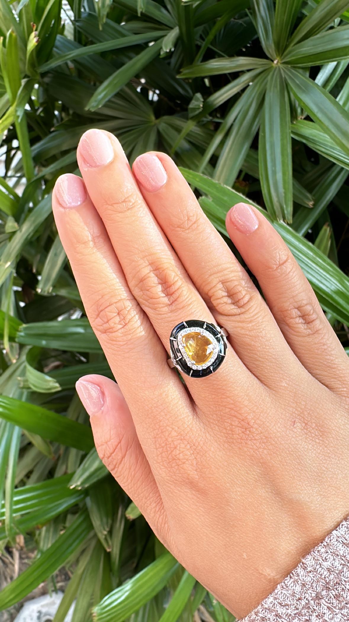 Set in 18K Gold, Ceylon Yellow Sapphire, Black Enamel & Diamonds Engagement Ring For Sale 4