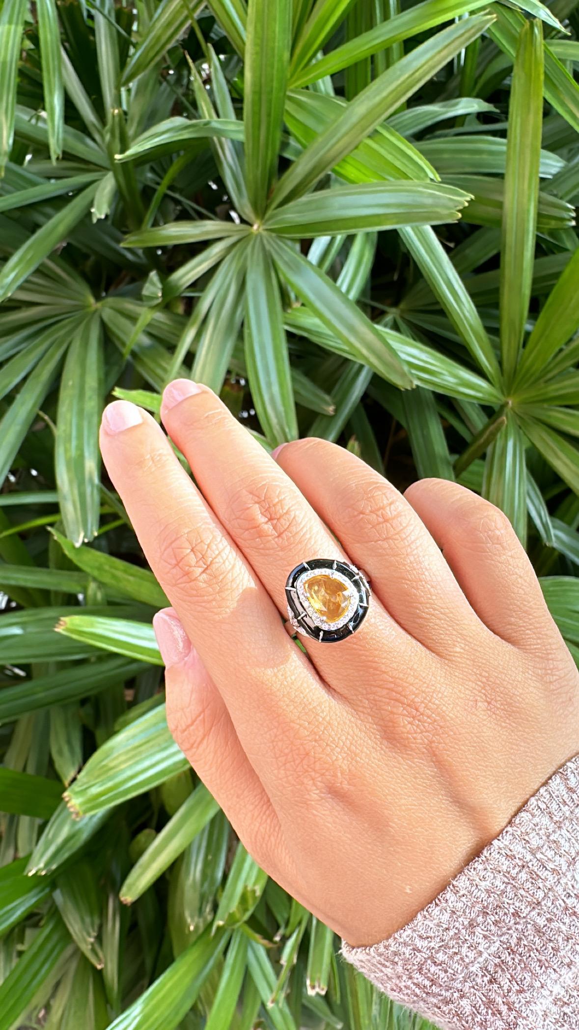 Set in 18K Gold, Ceylon Yellow Sapphire, Black Enamel & Diamonds Engagement Ring For Sale 5