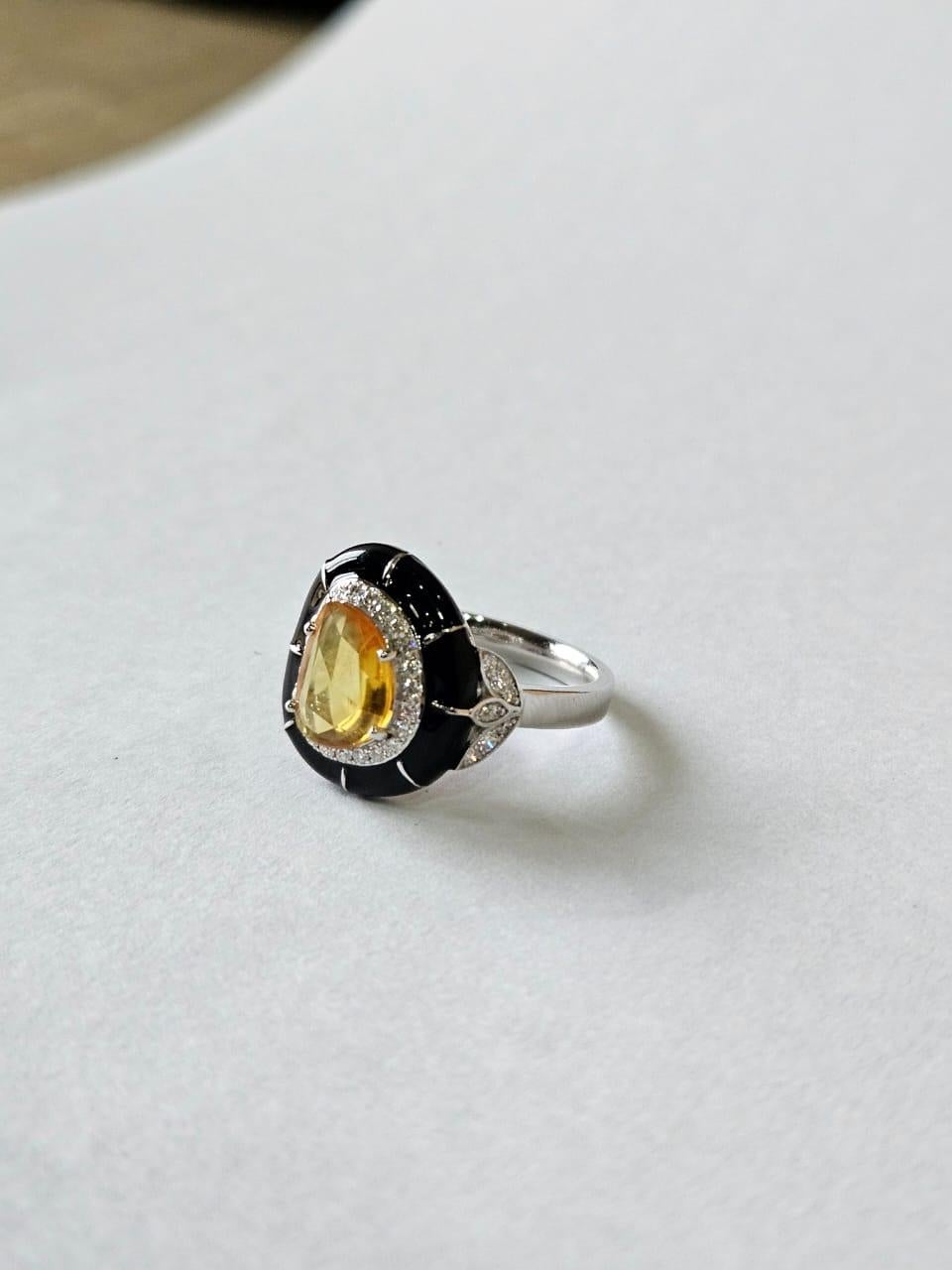 Art Deco Set in 18K Gold, Ceylon Yellow Sapphire, Black Enamel & Diamonds Engagement Ring For Sale