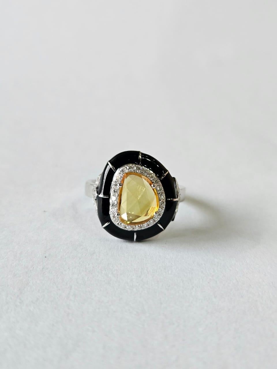 Rose Cut Set in 18K Gold, Ceylon Yellow Sapphire, Black Enamel & Diamonds Engagement Ring For Sale