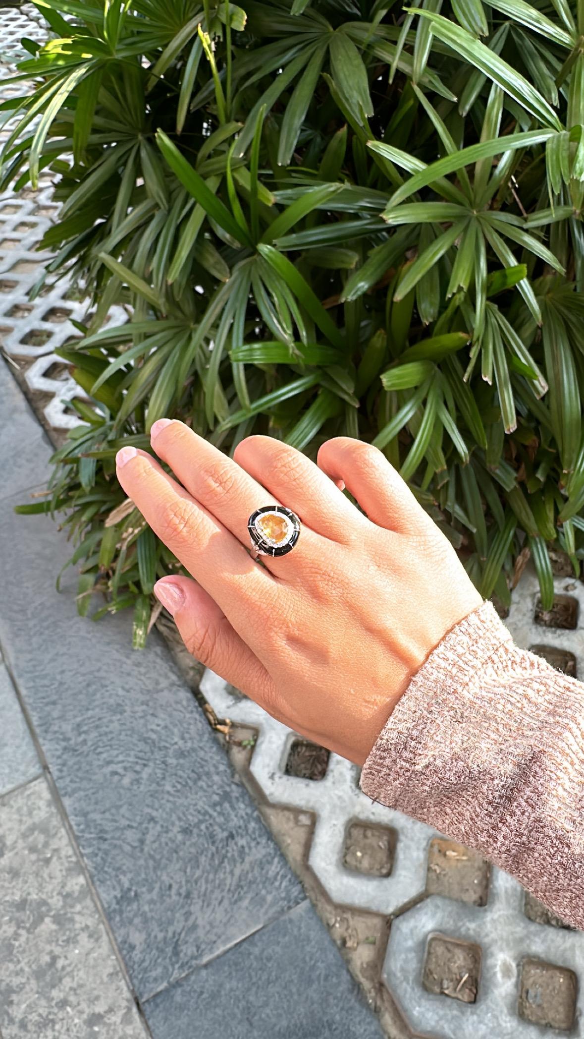 Women's or Men's Set in 18K Gold, Ceylon Yellow Sapphire, Black Enamel & Diamonds Engagement Ring For Sale