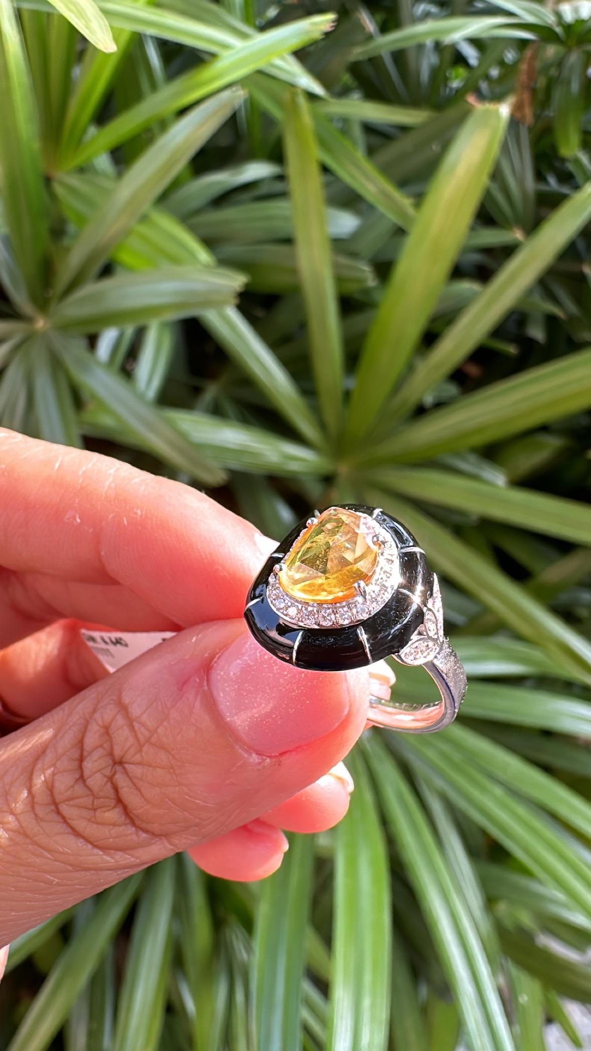 Set in 18K Gold, Ceylon Yellow Sapphire, Black Enamel & Diamonds Engagement Ring For Sale 1