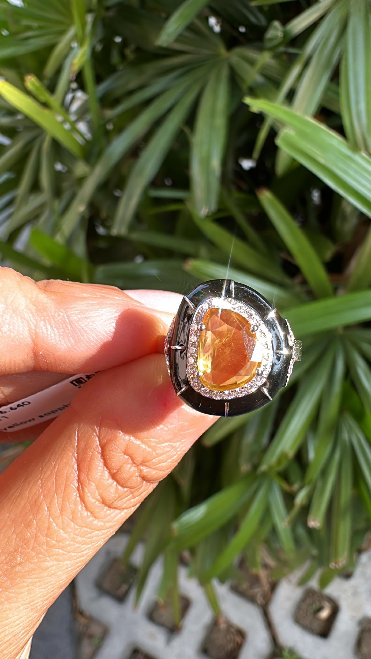 Set in 18K Gold, Ceylon Yellow Sapphire, Black Enamel & Diamonds Engagement Ring For Sale 2