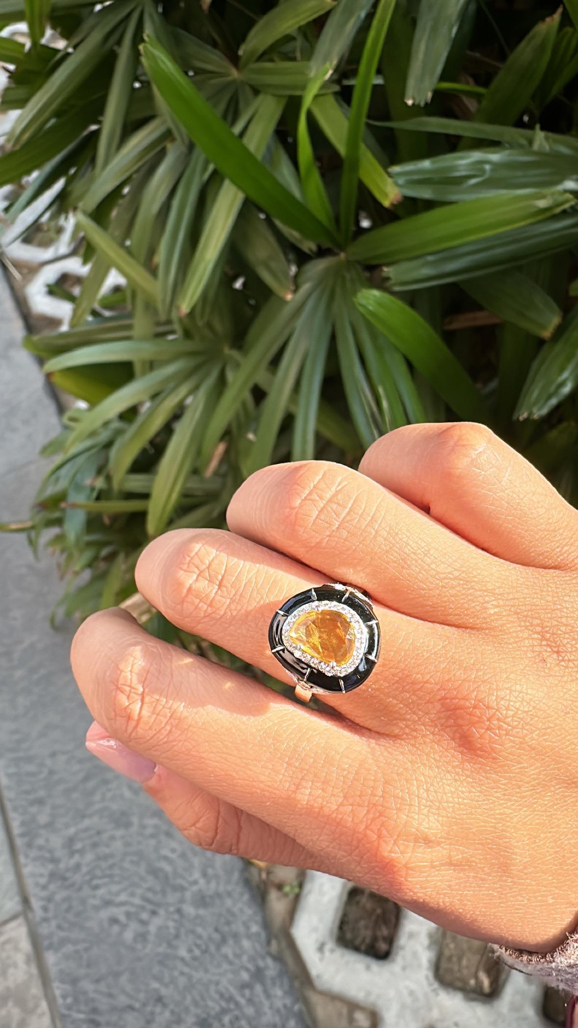 Set in 18K Gold, Ceylon Yellow Sapphire, Black Enamel & Diamonds Engagement Ring For Sale 3