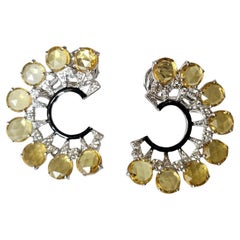 Set in 18K Gold, Ceylon Yellow Sapphires, Black Enamel & Diamonds Hoop Earrings