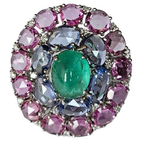 Set in 18K Gold, Colombian Emerald, Blue & Pink Sapphire & Diamond Cocktail Ring