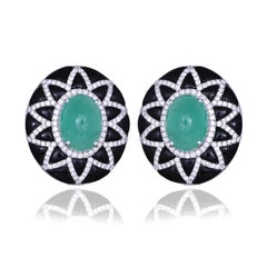 Set in 18K Gold, Colombian Emerald Cabochon, Black Onyx & Diamond Stud Earring