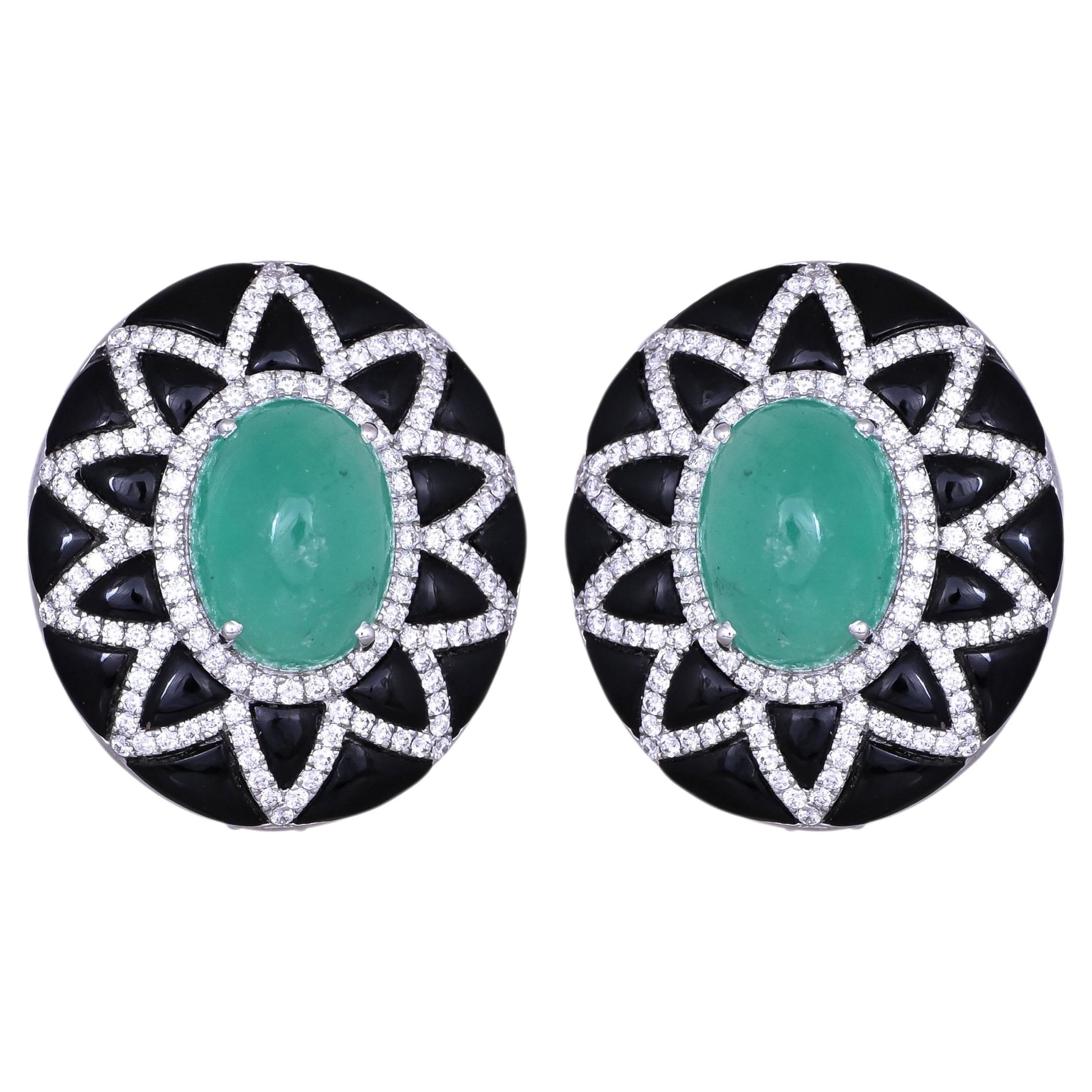 Set in 18K Gold, Colombian Emerald Cabochon, Black Onyx & Diamond Stud Earring