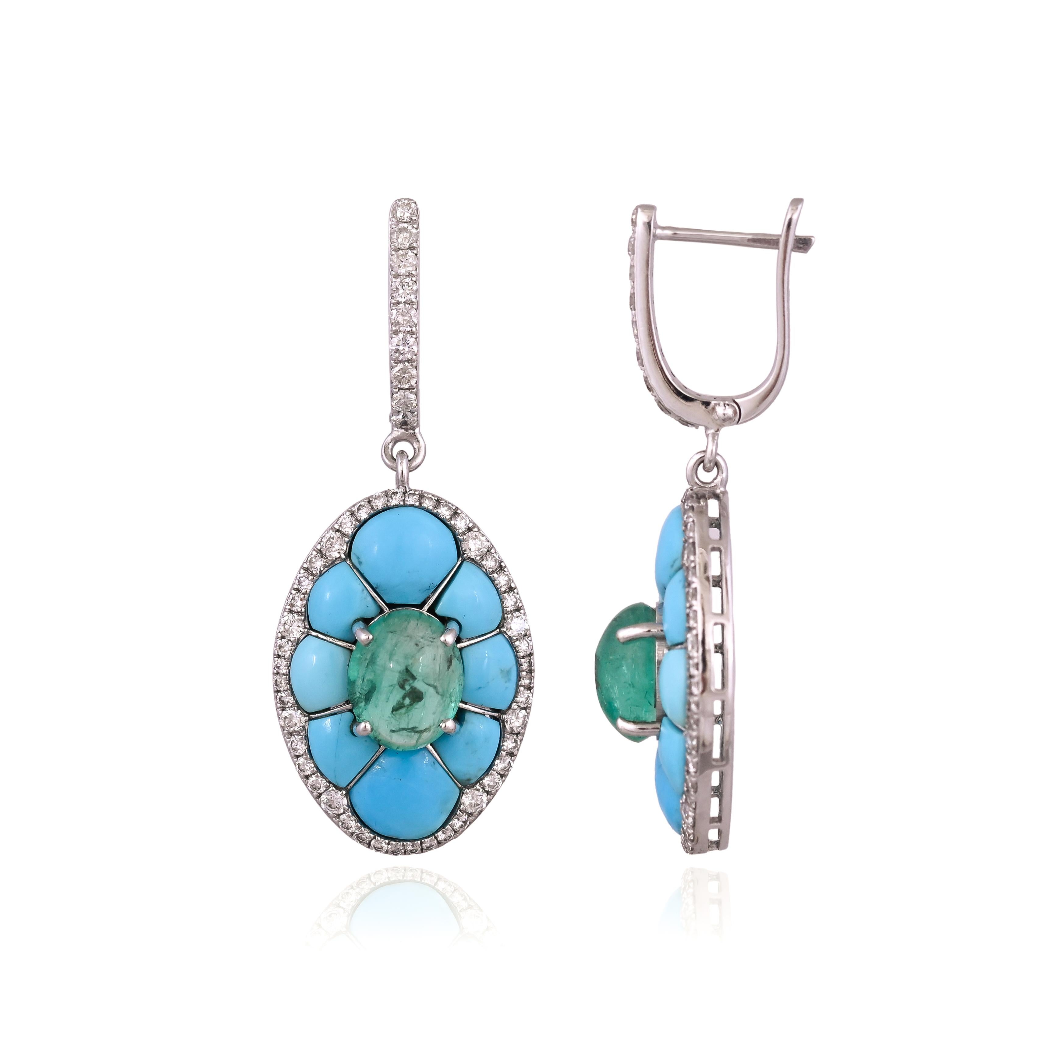 Boucles d'oreilles pendantes en or 18K serties d'émeraudes de Colombie, de turquoises et de diamants en vente 6