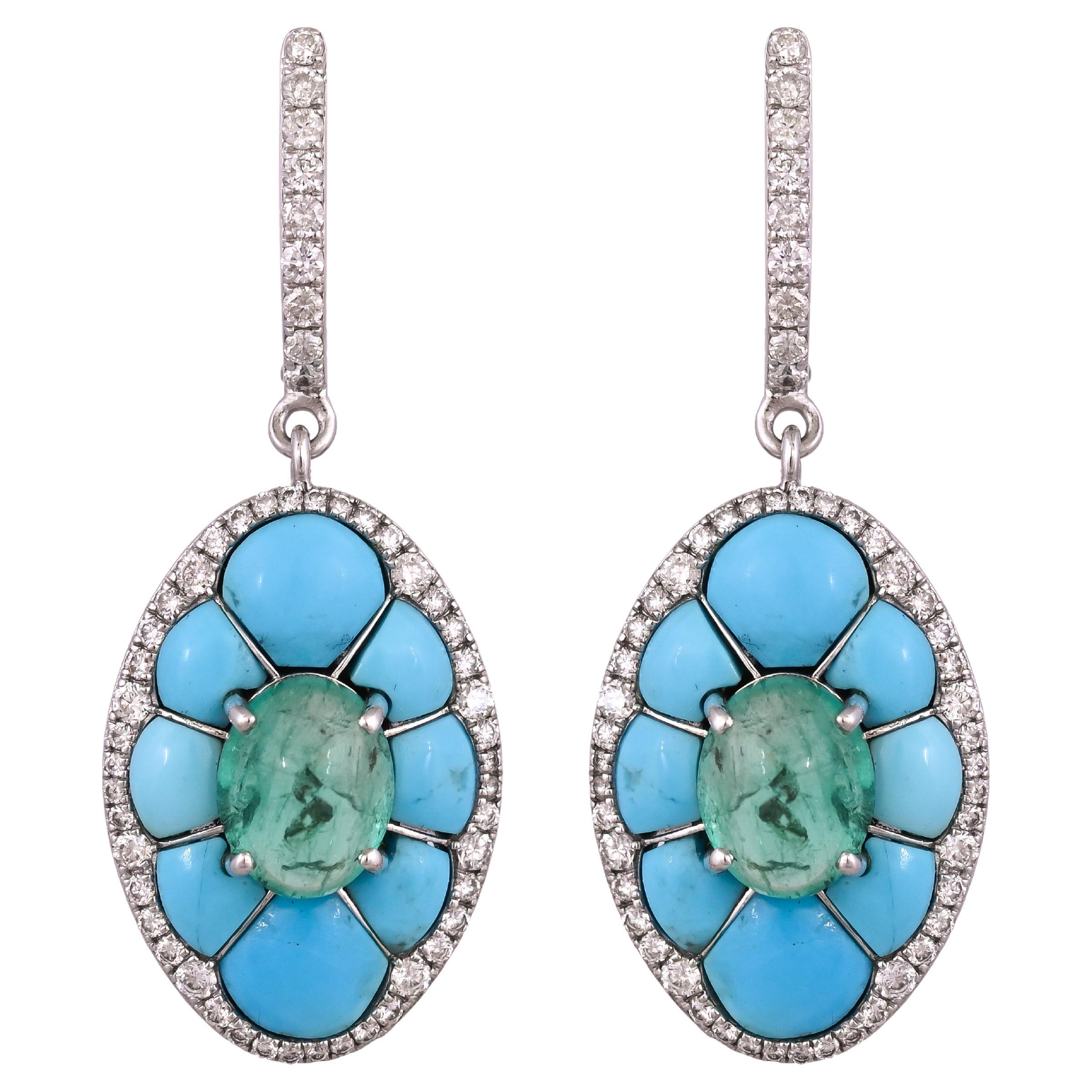 Set in 18K Gold, Colombian Emerald Cabochon, Turquoise & Diamond Dangle Earrings