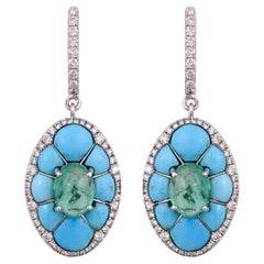 Orecchini con smeraldo colombiano cabochon, turchese e diamante incastonati in oro 18 carati