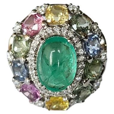 Set in 18K Gold, Colombian Emerald, Multi Sapphires & Diamond Dome Cocktail Ring