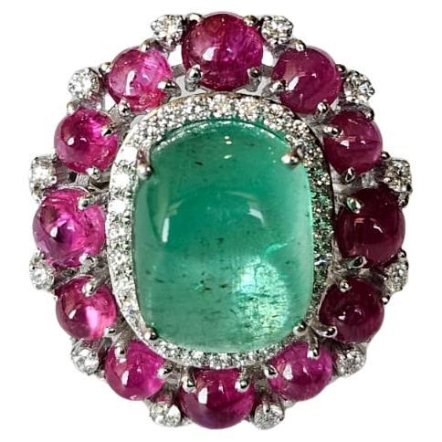 Set in 18K Gold, Colombian Emerald, Ruby Cabochon & Diamonds Dome Cocktail Ring For Sale