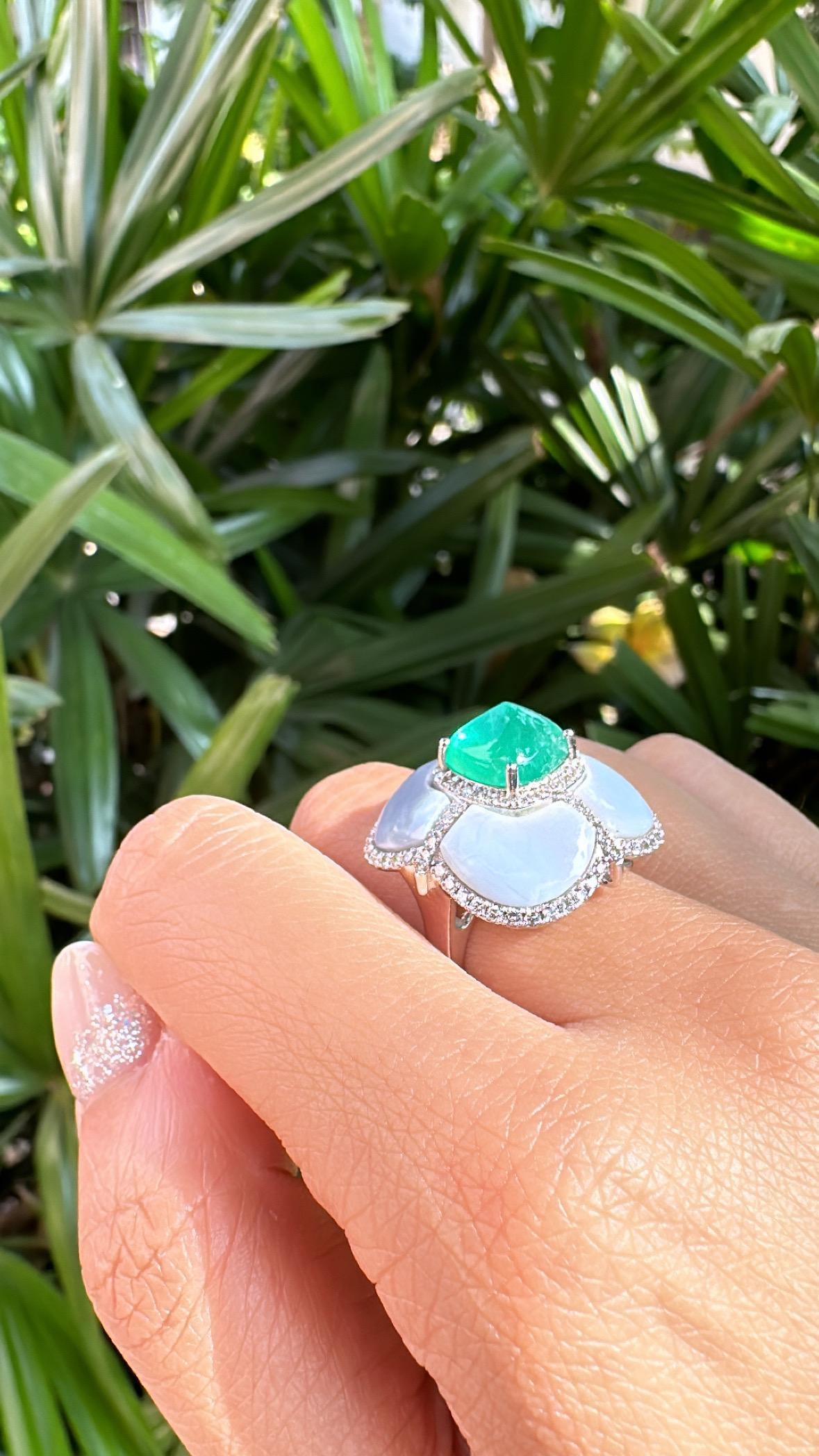 Set in 18K Gold, Colombian Emerald Sugarloaf, Blue Opals & Diamonds Dome Ring 6