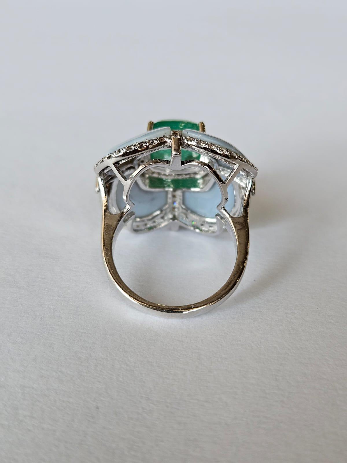 Modern Set in 18K Gold, Colombian Emerald Sugarloaf, Blue Opals & Diamonds Dome Ring