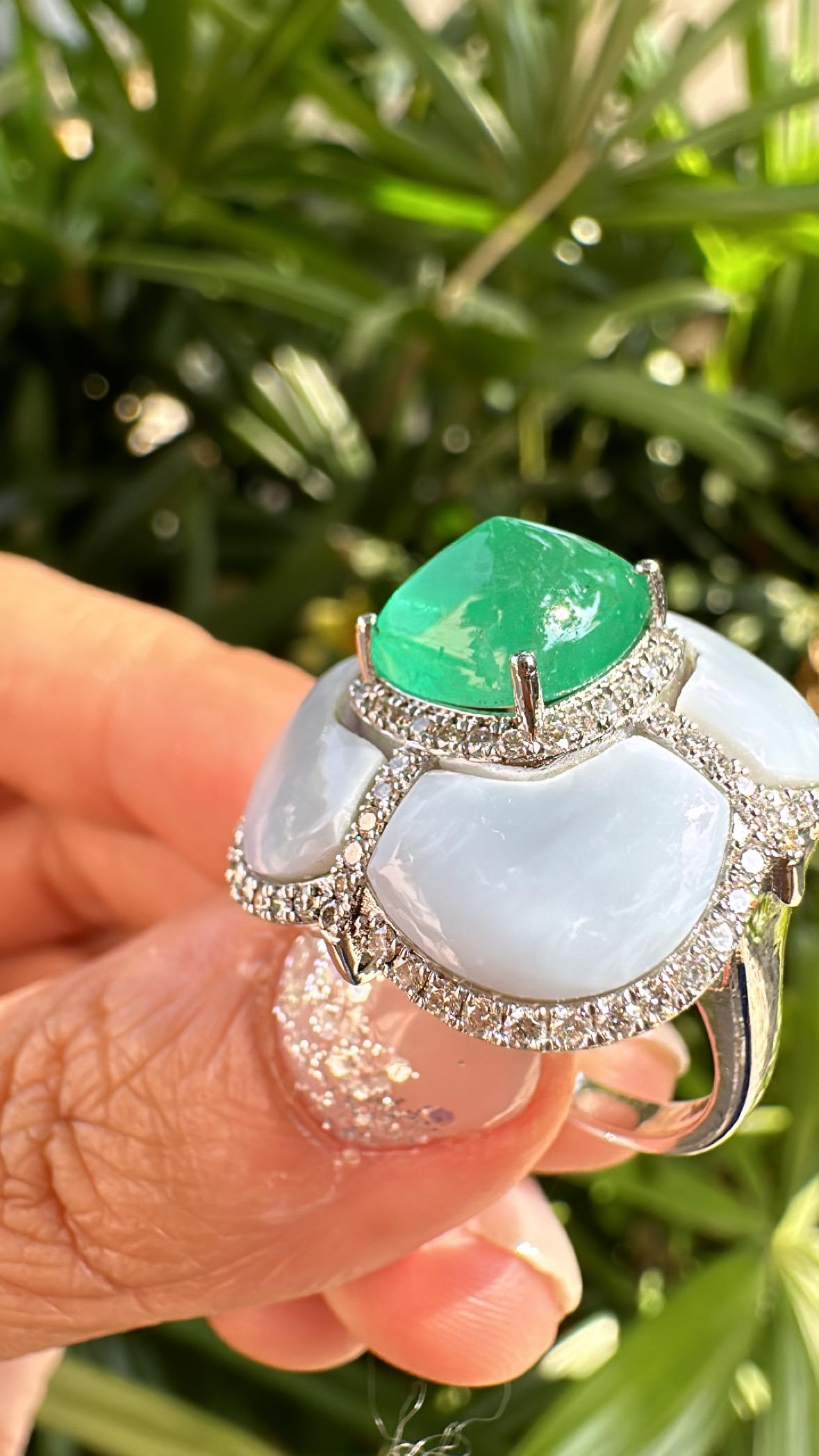 Set in 18K Gold, Colombian Emerald Sugarloaf, Blue Opals & Diamonds Dome Ring 1