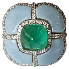 Set in 18K Gold, Colombian Emerald Sugarloaf, Blue Opals & Diamonds Dome Ring
