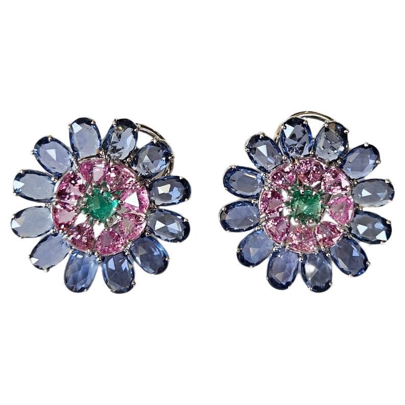 Set in 18K Gold, Colombian Emerald Sugarloaf & Multi Sapphires Stud Earrings For Sale