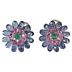 Set in 18K Gold, Colombian Emerald Sugarloaf & Multi Sapphires Stud Earrings