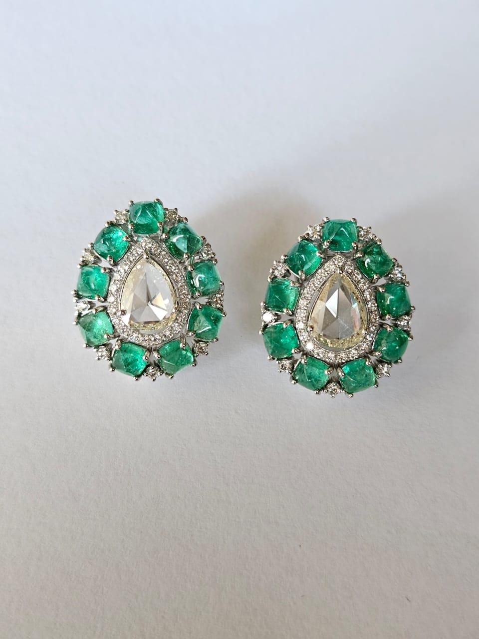 Set in 18K Gold, Colombian Emerald Sugarloafs & Rose Cut Diamonds Stud Earrings For Sale 4
